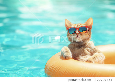 funny cat with sunglasses on a beach float. summer concept 122707454