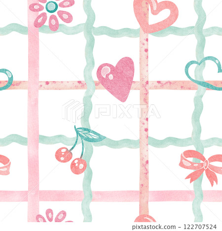 Cute checkered seamless doodle pattern illustration. Naive cartoon design with rainbow, butterfly, sun for nursery wallpaper or kindergarten decor. For children s products or preschool backgrounds. 122707524