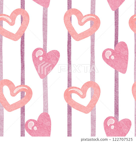 Watercolor Cute seamless pattern with pink hearts. Retro background with Pink striped in a girly style. Perfect for a nursery or children room wallpaper. 122707525