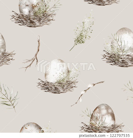 Nest with egg watercolor seamless Pattern. Easter festive ornament with forest elements, branches on isolated background for wrapping paper or textile design. Cute rustic drawing for holiday wallpaper Nest with egg watercolor seamless Pattern. Easter festive ornament with forest elements, branches on isolated background for wrapping paper or textile design. Cute rustic drawing for holiday wallpaper 122707535