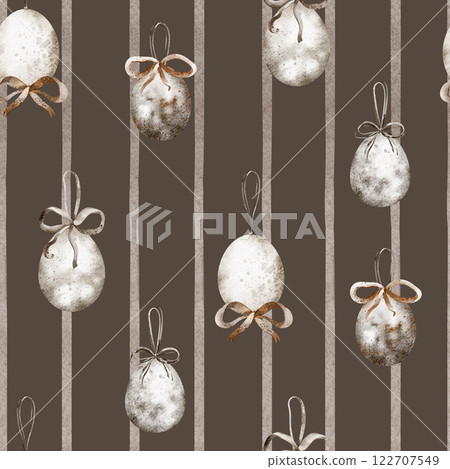 Seamless Pattern with quail eggs on a striped background. Watercolor illustration of Easter ornament for holiday wrapping paper or textile design. Drawing of vintage wrapping. Seamless Pattern with quail eggs on a striped background. Watercolor illustration of Easter ornament for holiday wrapping paper or textile design. Drawing of vintage wrapping. 122707549