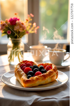 A romantic breakfast, a large heart-shaped puff with berries on the table, two cups of hot coffee and a bouquet of wild flowers 122707758