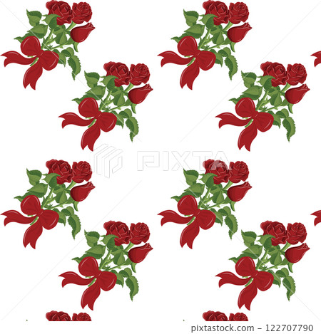 Bouquet of scarlet roses tied with a scarlet ribbon. Vector illustration. Seamless pattern. 122707790
