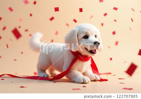 Cute golden retriever with red bow and heart confetti - Valentine's Day and White Day 122707805