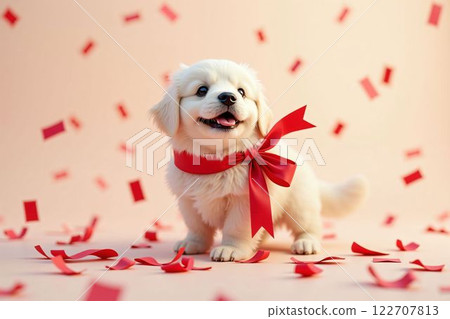 Cute golden retriever with red bow and heart confetti - Valentine's Day and White Day Cute golden retriever with red bow and heart confetti - Valentine's Day and White Day 122707813