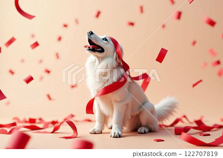 Cute golden retriever with red bow and heart confetti - Valentine's Day and White Day Cute golden retriever with red bow and heart confetti - Valentine's Day and White Day 122707819