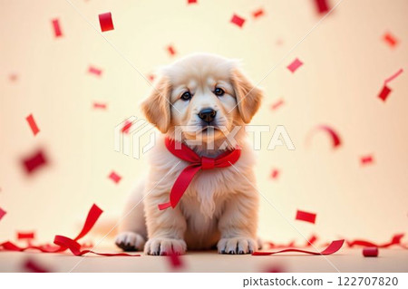Cute golden retriever with red bow and heart confetti - Valentine's Day and White Day Cute golden retriever with red bow and heart confetti - Valentine's Day and White Day 122707820