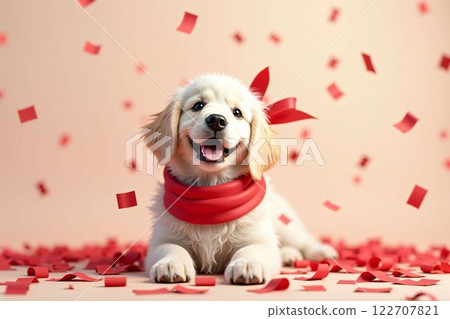 Cute golden retriever with red bow and heart confetti - Valentine's Day and White Day Cute golden retriever with red bow and heart confetti - Valentine's Day and White Day 122707821