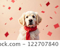 Cute golden retriever with red bow and heart confetti - Valentine's Day and White Day 122707840