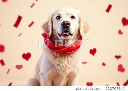 Cute golden retriever with red bow and heart confetti - Valentine's Day and White Day 122707841