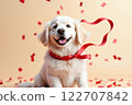 Cute golden retriever with red bow and heart confetti - Valentine's Day and White Day 122707842