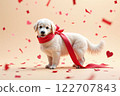 Cute golden retriever with red bow and heart confetti - Valentine's Day and White Day 122707843