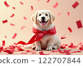 Cute golden retriever with red bow and heart confetti - Valentine's Day and White Day 122707844