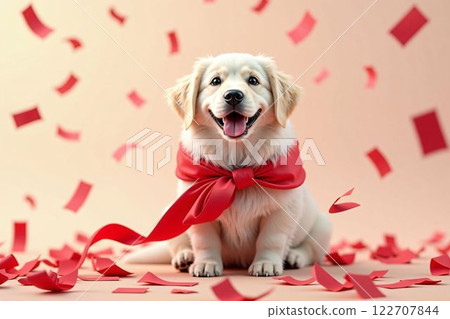 Cute golden retriever with red bow and heart confetti - Valentine's Day and White Day Cute golden retriever with red bow and heart confetti - Valentine's Day and White Day 122707844