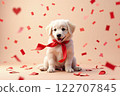 Cute golden retriever with red bow and heart confetti - Valentine's Day and White Day 122707845