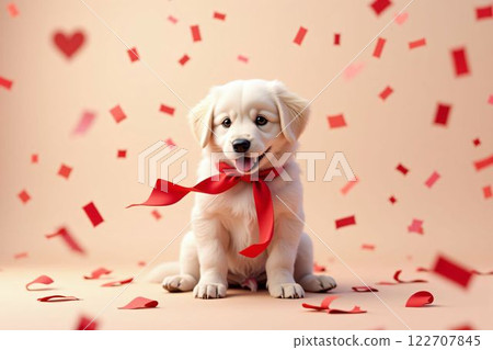 Cute golden retriever with red bow and heart confetti - Valentine's Day and White Day 122707845