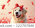Cute golden retriever with red bow and heart confetti - Valentine's Day and White Day 122707846