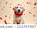 Cute golden retriever with red bow and heart confetti - Valentine's Day and White Day 122707847