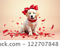 Cute golden retriever with red bow and heart confetti - Valentine's Day and White Day 122707848