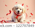 Cute golden retriever with red bow and heart confetti - Valentine's Day and White Day 122707849