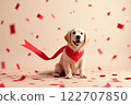 Cute golden retriever with red bow and heart confetti - Valentine's Day and White Day 122707850