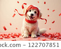 Cute golden retriever with red bow and heart confetti - Valentine's Day and White Day 122707851