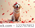 Cute golden retriever with red bow and heart confetti - Valentine's Day and White Day 122707852