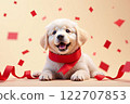 Cute golden retriever with red bow and heart confetti - Valentine's Day and White Day 122707853