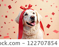 Cute golden retriever with red bow and heart confetti - Valentine's Day and White Day 122707854