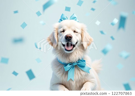 快樂的黃金獵犬，帶著藍絲帶和飄落的五彩紙屑 — — 生日、聖誕節、新年，為什麼 122707863