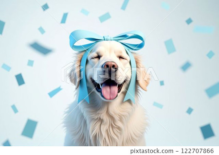Happy golden retriever with blue ribbon and falling confetti - Birthday, Christmas, New Year, Why 122707866