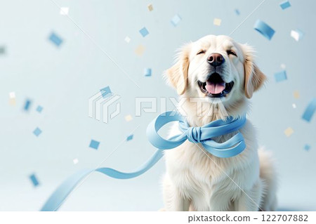 Happy golden retriever with blue ribbon and falling confetti - Birthday, Christmas, New Year, Why 122707882
