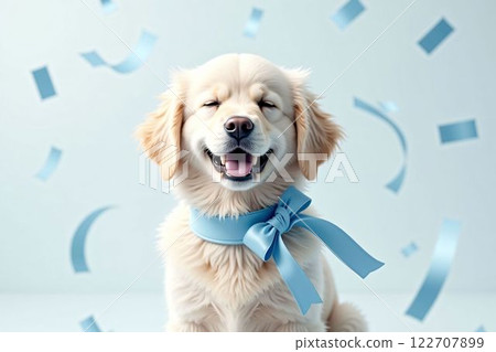 Happy golden retriever with blue ribbon and falling confetti - Birthday, Christmas, New Year, Why 122707899