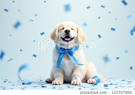 Happy golden retriever with blue ribbon and falling confetti - Birthday, Christmas, New Year, Why 122707900