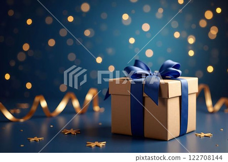 配有藍色緞帶的豪華禮品盒在任何節日場合都會顯得很漂亮。 122708144