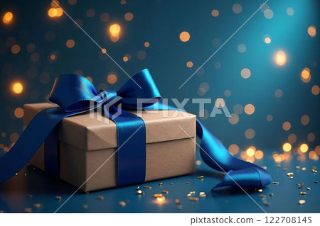 A luxurious gift box with blue satin ribbon that will look great in any festive occasion. 122708145