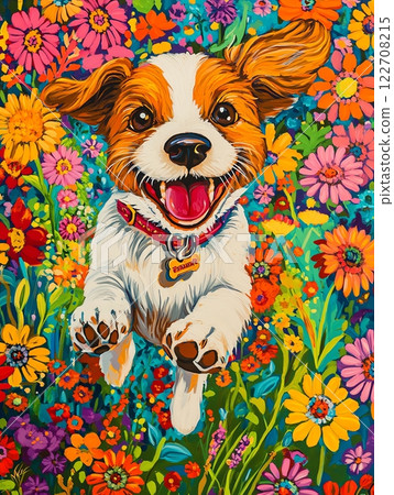 A cheerful dog leaps joyfully through a field of colorful flowers. 122708215