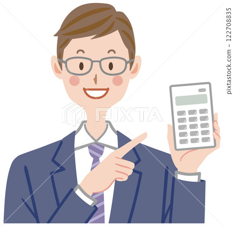 Illustration of a businessman holding a calculator 122708835