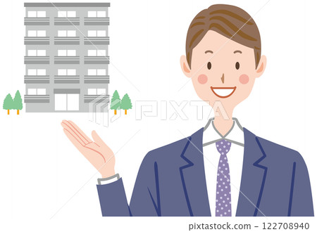 Illustration of a man in a suit showing an apartment building Real estate house sales 122708940