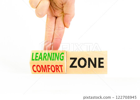 Comfort or learning zone symbol. Concept words Comfort zone Learning zone on wooden cubes. Beautiful white background. Psychologist hand. Business and comfort or learning zone concept. Copy space. Comfort or learning zone symbol. Concept words Comfort zone Learning zone on wooden cubes. Beautiful white background. Psychologist hand. Business and comfort or learning zone concept. Copy space. 122708945