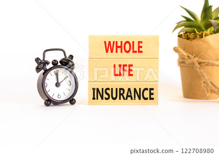 Whole life insurance symbol. Concept words Whole life insurance on beautiful wooden blocks. Beautiful white background. Black alarm clock. Business whole life insurance concept. Copy space. 122708980