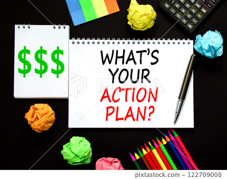 Action plan symbol. Concept words What is your action plan on beautiful white note. Beautiful black background. Black pen. Calculator. Business What is your action plan concept. Copy space 122709008