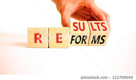 Reform and result symbol. Concept words Reforms Results on beautiful wooden block. Beautiful white table white background. Businessman hand. Business Reforms and results concept. Copy space. Reform and result symbol. Concept words Reforms Results on beautiful wooden block. Beautiful white table white background. Businessman hand. Business Reforms and results concept. Copy space. 122709049