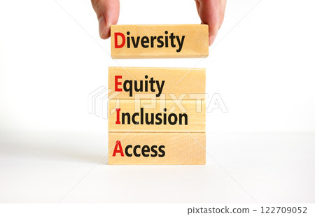 Diversity equity inclusion access symbol. Concept words DEIA diversity equity inclusion access on blocks. Beautiful white background. Business diversity equity inclusion access concept. Copy space. 122709052