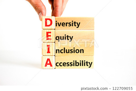 DEIA symbol. Concept words DEIA diversity equity inclusion accessibility on blocks. Beautiful white background. Business DEIA diversity equity inclusion accessibility concept. Copy space. DEIA symbol. Concept words DEIA diversity equity inclusion accessibility on blocks. Beautiful white background. Business DEIA diversity equity inclusion accessibility concept. Copy space. 122709055