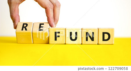 Fund or refund symbol. Concept words Fund Refund on wooden cubes. Beautiful yellow table white background. Businessman hand. Business and fund or refund concept. Copy space. Fund or refund symbol. Concept words Fund Refund on wooden cubes. Beautiful yellow table white background. Businessman hand. Business and fund or refund concept. Copy space. 122709058