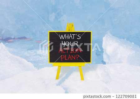 Action plan symbol. Concept words What is your action plan on beautiful black blackboard. Beautiful blue ice background. Business What is your action plan concept. Copy space Action plan symbol. Concept words What is your action plan on beautiful black blackboard. Beautiful blue ice background. Business What is your action plan concept. Copy space 122709081