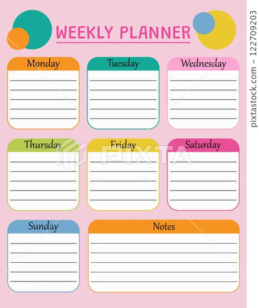 Color weekly planner. Vector illustration. Color weekly planner. Vector illustration. 122709203