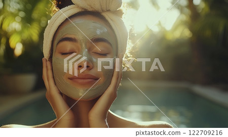 Woman with towel on head relaxing at home in comfortable indoor setting Woman with towel on head relaxing at home in comfortable indoor setting 122709216