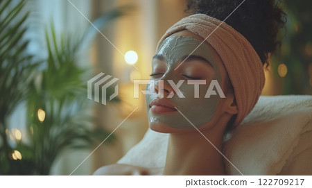 Woman applying facial mask for skincare routine in home environment 122709217